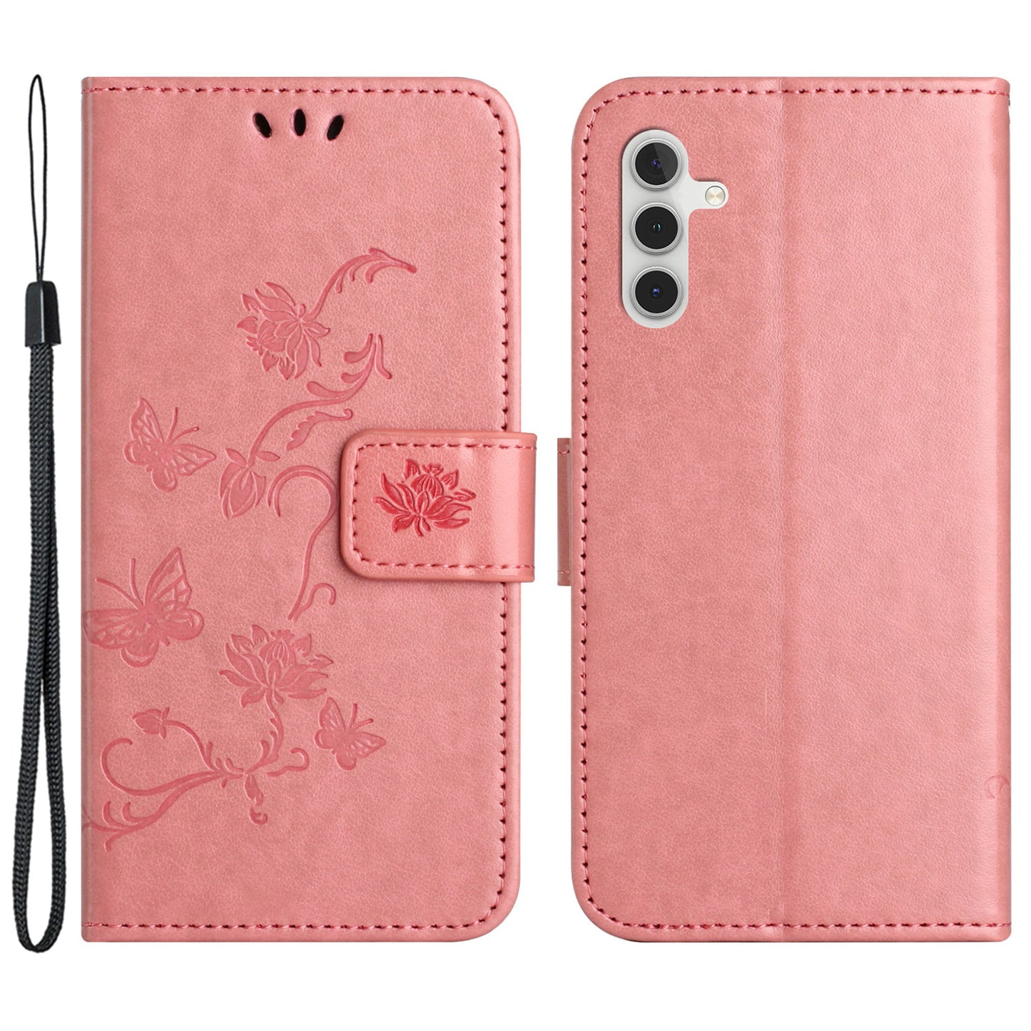 Uniqkart for Samsung Galaxy S23 FE PU Leather Wallet Phone Case Butterfly Flower Imprinted Stand Cover - Pink