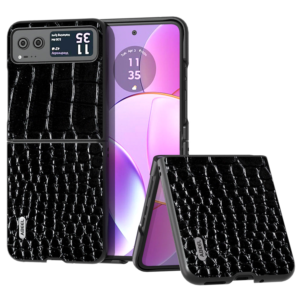 Uniqkart For Motorola Razr 40 5G Protective Case Genuine Cow Leather Coated PC Crocodile Texture Phone Cover - Black