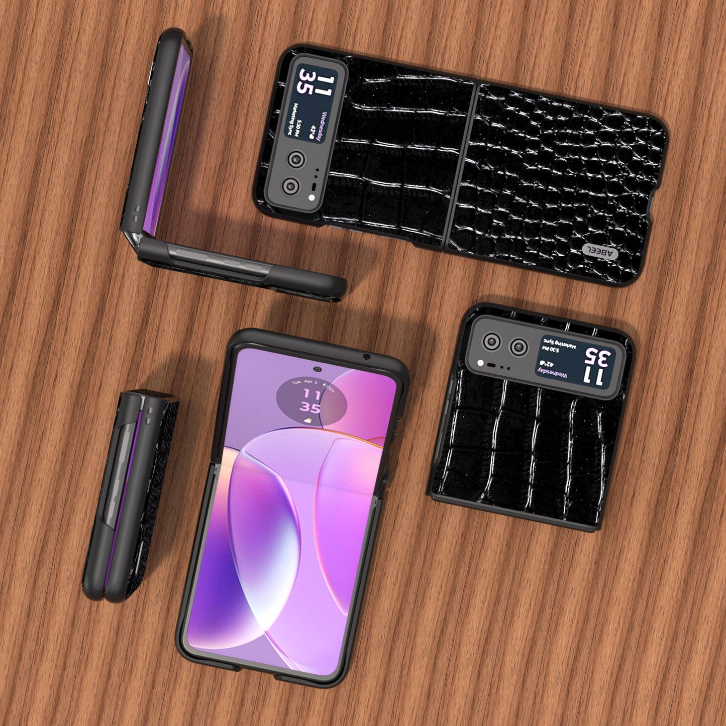 Uniqkart For Motorola Razr 40 5G Protective Case Genuine Cow Leather Coated PC Crocodile Texture Phone Cover - Black