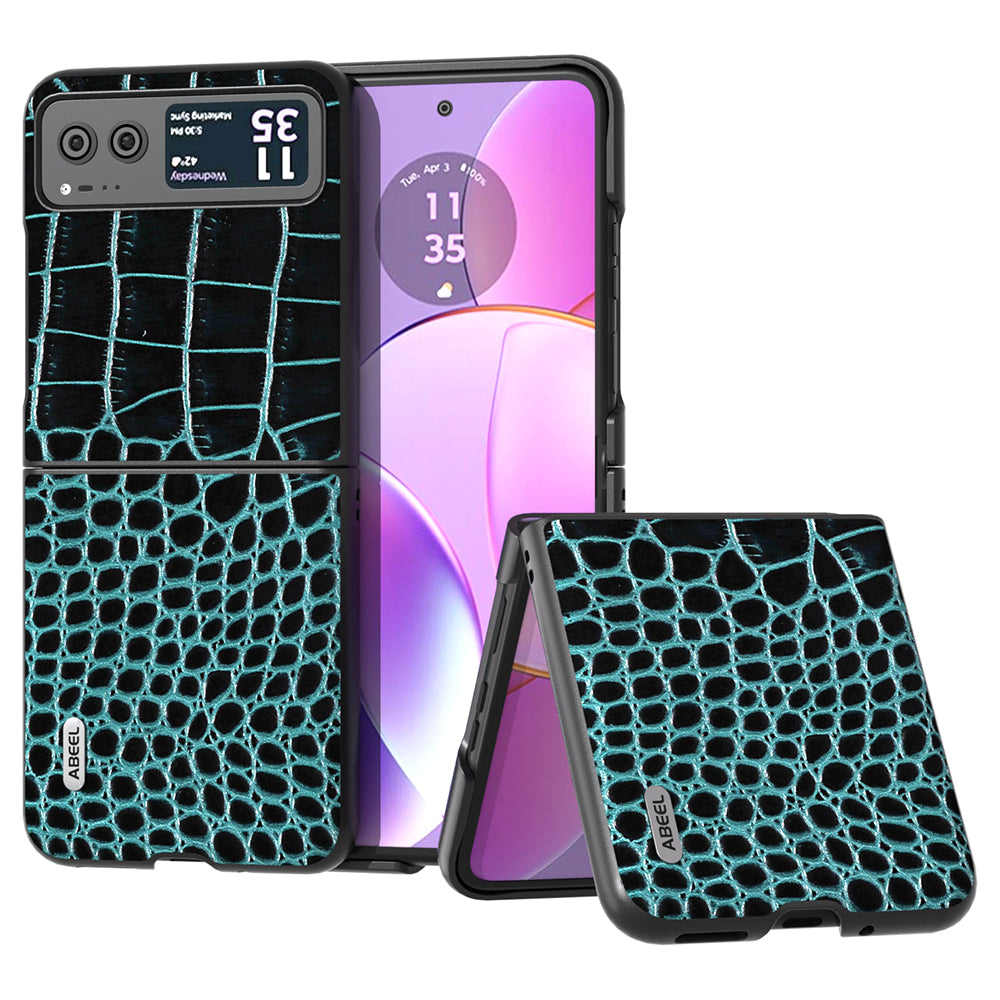 Uniqkart For Motorola Razr 40 5G Protective Case Genuine Cow Leather Coated PC Crocodile Texture Phone Cover - Blue