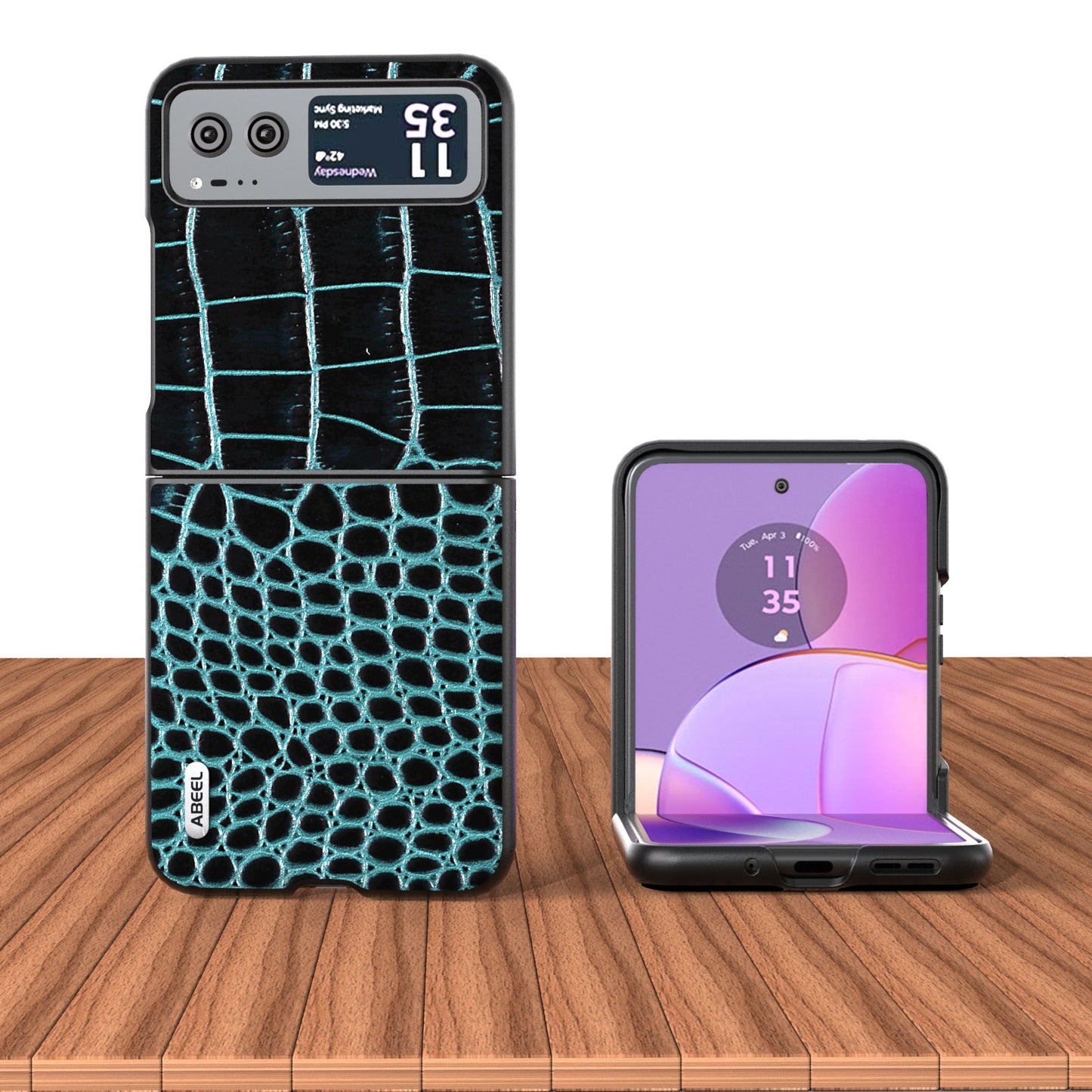 Uniqkart For Motorola Razr 40 5G Protective Case Genuine Cow Leather Coated PC Crocodile Texture Phone Cover - Blue