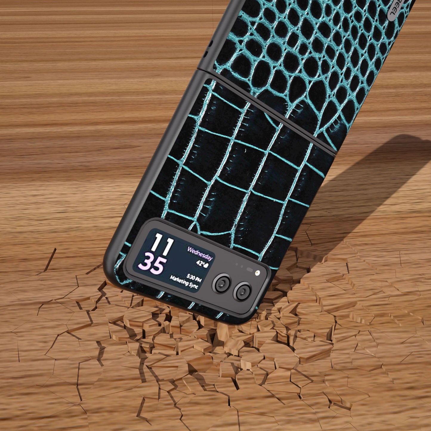 Uniqkart For Motorola Razr 40 5G Protective Case Genuine Cow Leather Coated PC Crocodile Texture Phone Cover - Blue