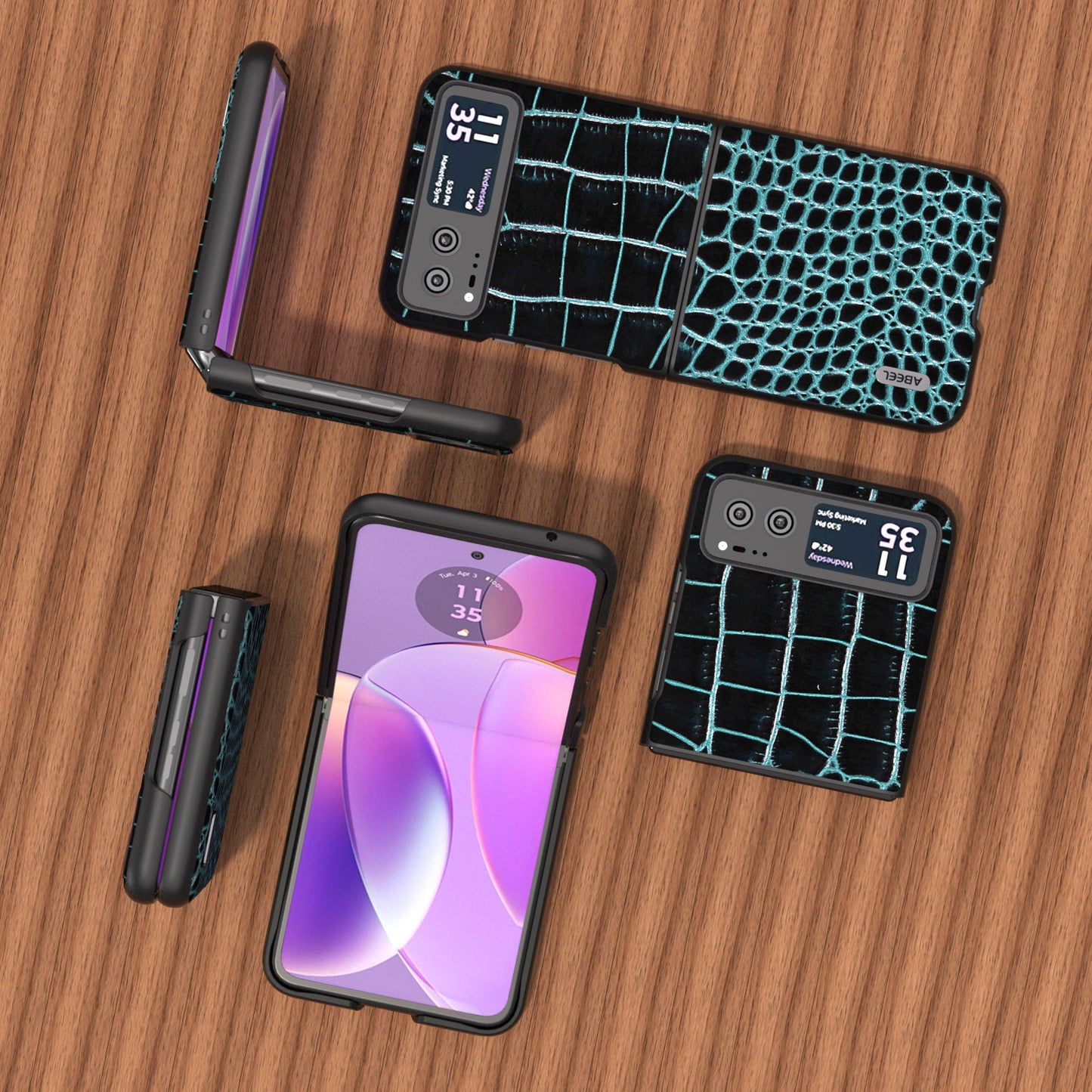 Uniqkart For Motorola Razr 40 5G Protective Case Genuine Cow Leather Coated PC Crocodile Texture Phone Cover - Blue