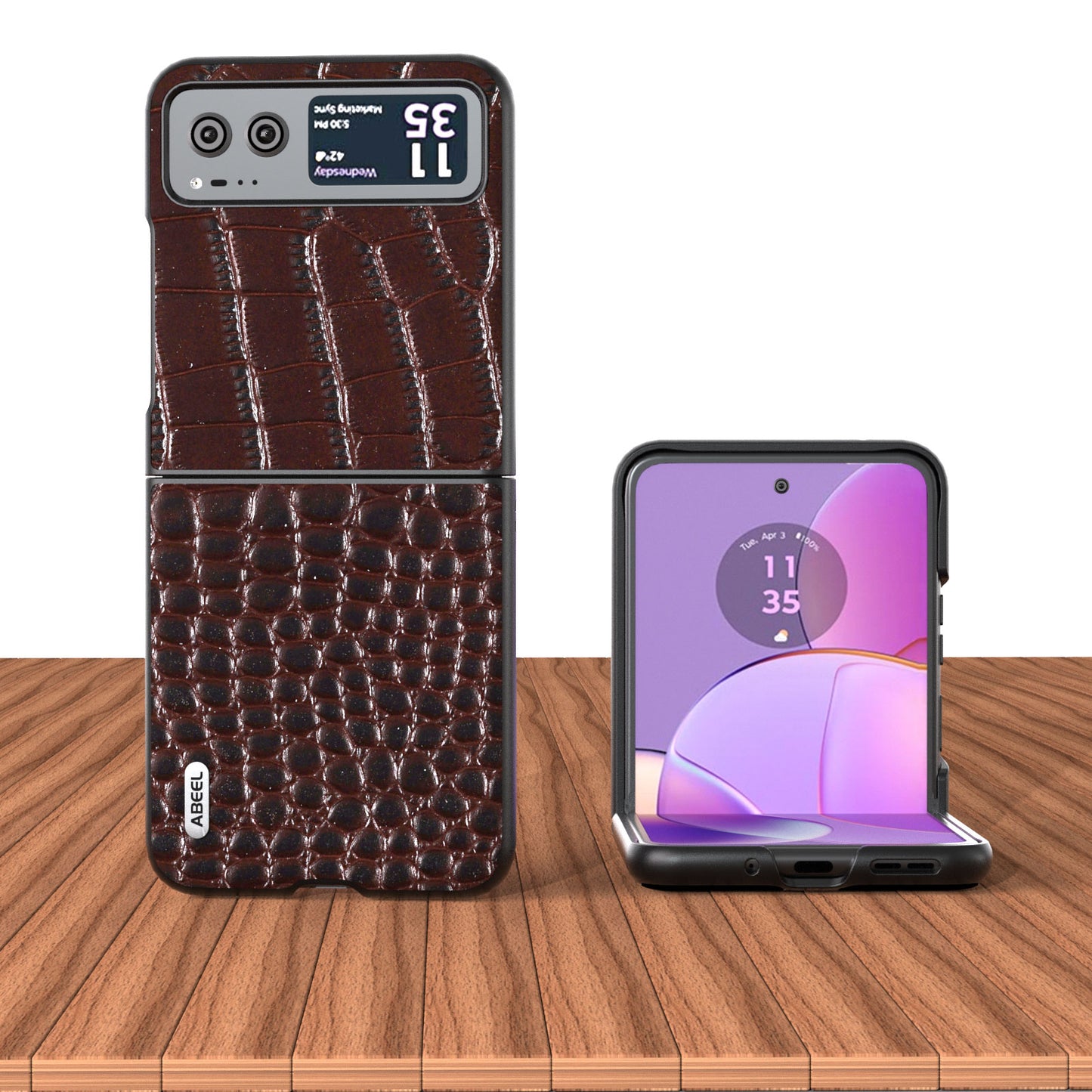 Uniqkart For Motorola Razr 40 5G Protective Case Genuine Cow Leather Coated PC Crocodile Texture Phone Cover - Coffee