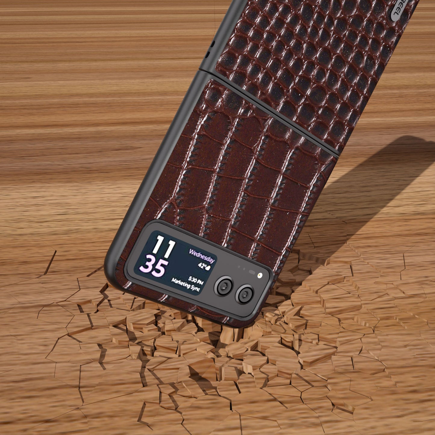 Uniqkart For Motorola Razr 40 5G Protective Case Genuine Cow Leather Coated PC Crocodile Texture Phone Cover - Coffee