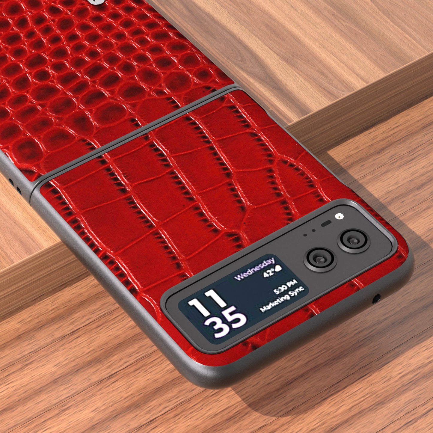 Uniqkart For Motorola Razr 40 5G Protective Case Genuine Cow Leather Coated PC Crocodile Texture Phone Cover - Red