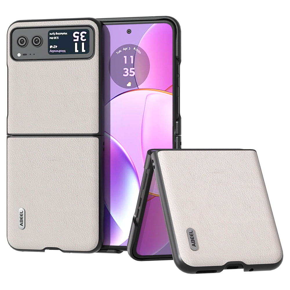 Uniqkart For Motorola Razr 40 5G Waves Texture Case Genuine Cow Leather Hard PC Phone Cover - Grey