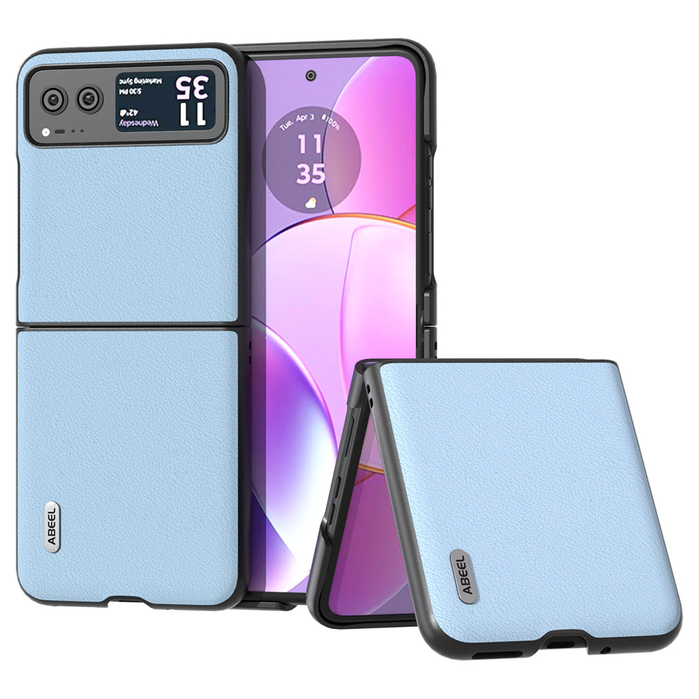 Uniqkart For Motorola Razr 40 5G Waves Texture Case Genuine Cow Leather Hard PC Phone Cover - Blue