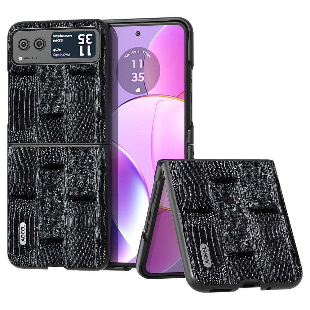 Uniqkart for Motorola Razr 40 5G Mahjong Texture Cover Genuine Cow Leather+PC Anti-Shock Phone Case - Black