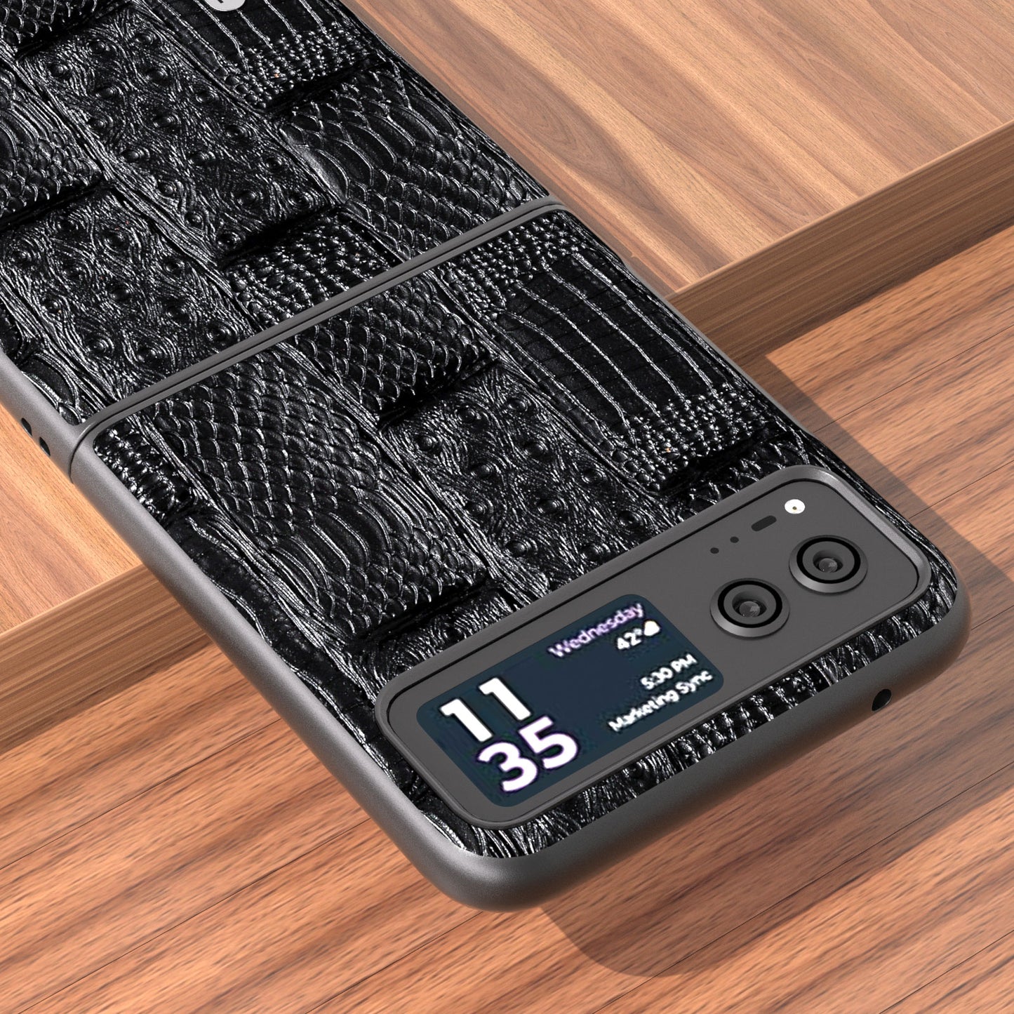 Uniqkart for Motorola Razr 40 5G Mahjong Texture Cover Genuine Cow Leather+PC Anti-Shock Phone Case - Black