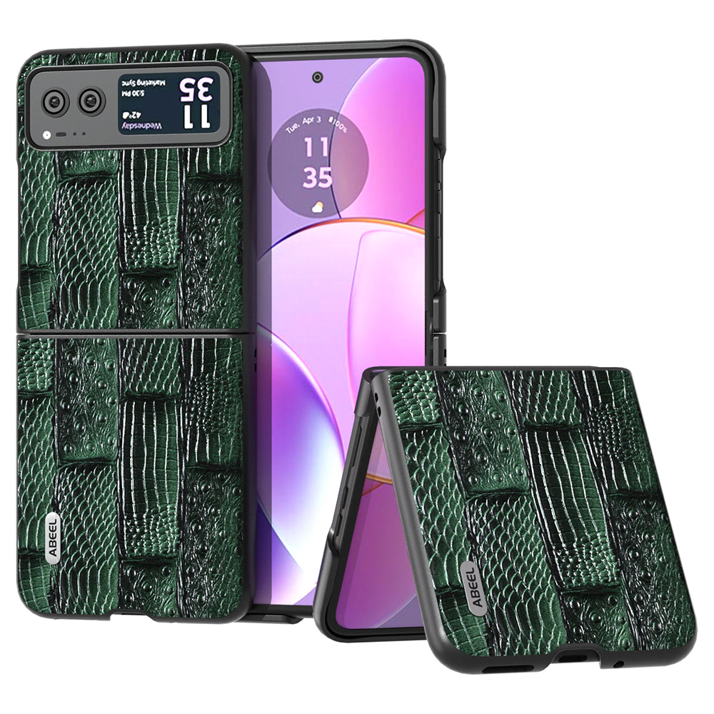 Uniqkart for Motorola Razr 40 5G Mahjong Texture Cover Genuine Cow Leather+PC Anti-Shock Phone Case - Green
