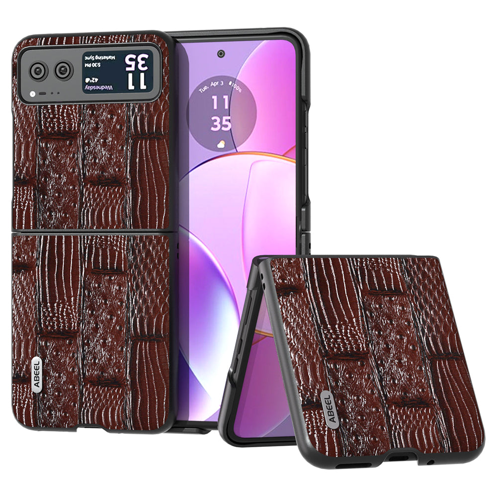 Uniqkart for Motorola Razr 40 5G Mahjong Texture Cover Genuine Cow Leather+PC Anti-Shock Phone Case - Brown