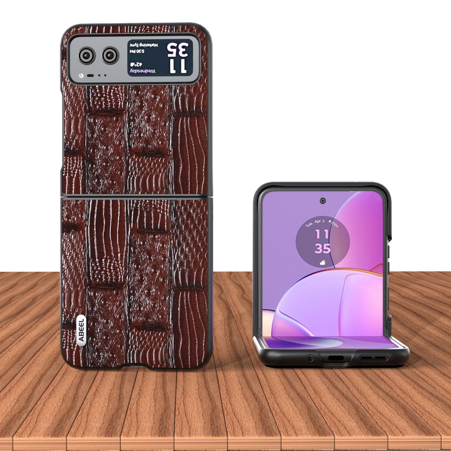 Uniqkart for Motorola Razr 40 5G Mahjong Texture Cover Genuine Cow Leather+PC Anti-Shock Phone Case - Brown