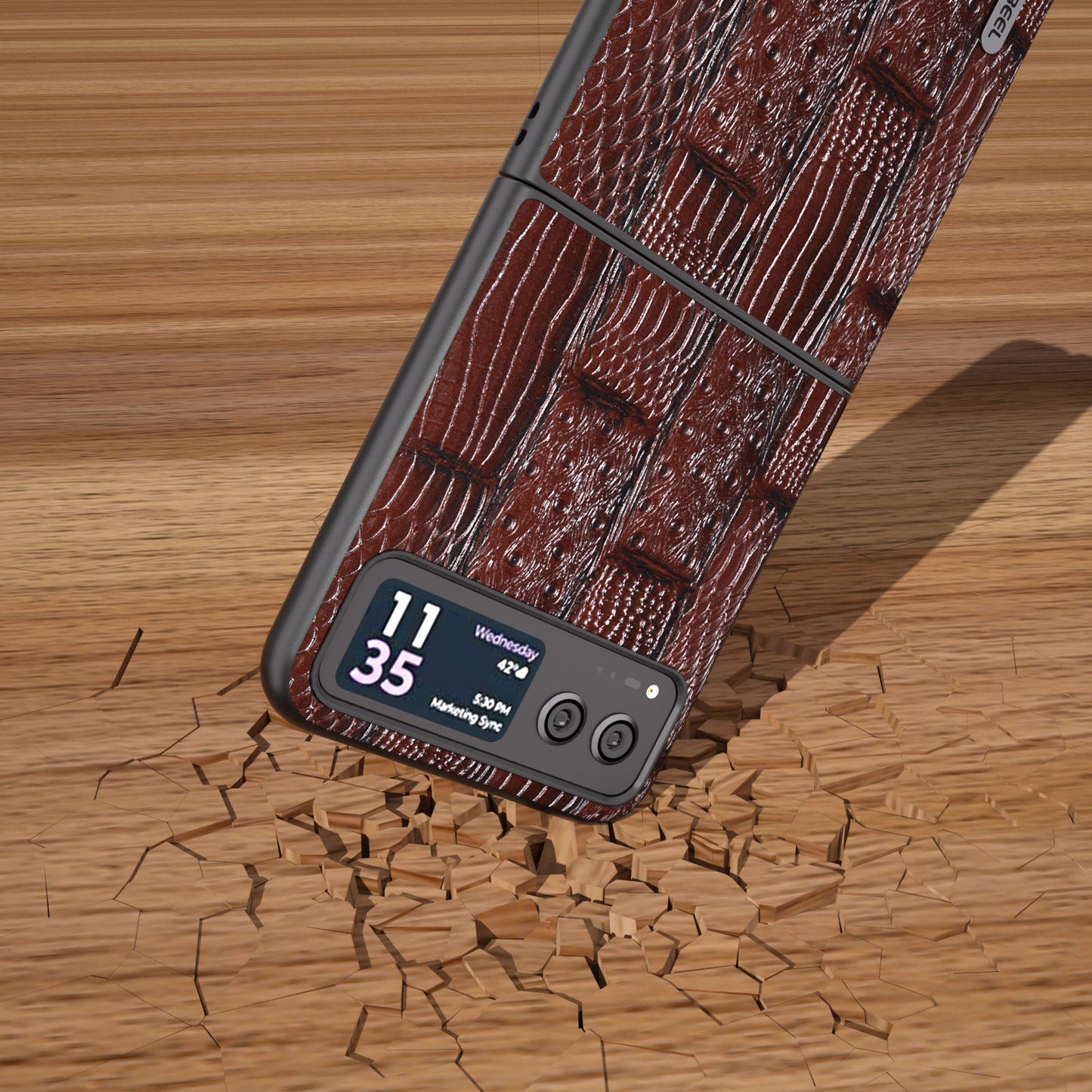Uniqkart for Motorola Razr 40 5G Mahjong Texture Cover Genuine Cow Leather+PC Anti-Shock Phone Case - Brown