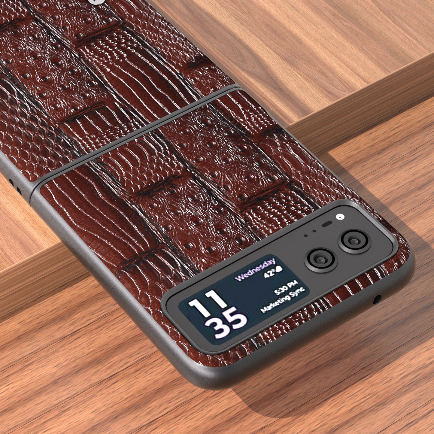 Uniqkart for Motorola Razr 40 5G Mahjong Texture Cover Genuine Cow Leather+PC Anti-Shock Phone Case - Brown