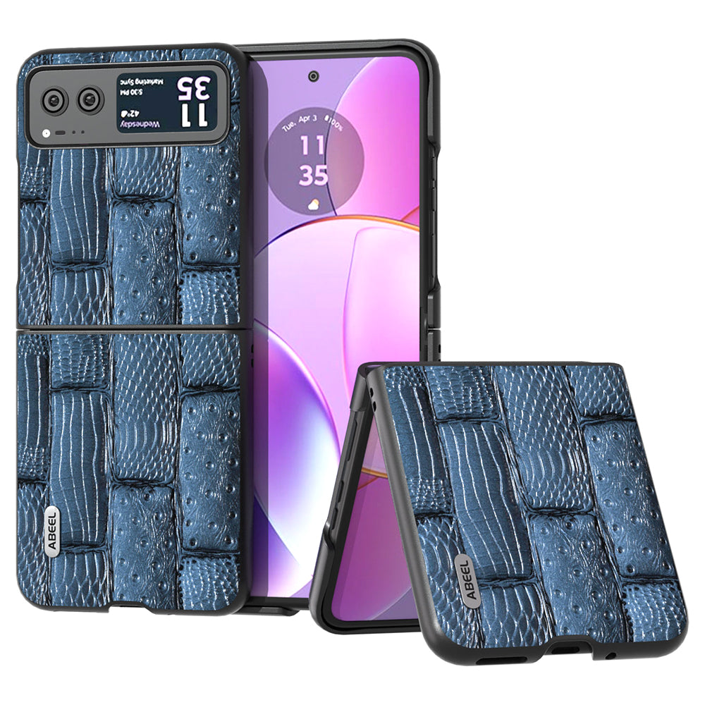 Uniqkart for Motorola Razr 40 5G Mahjong Texture Cover Genuine Cow Leather+PC Anti-Shock Phone Case - Blue