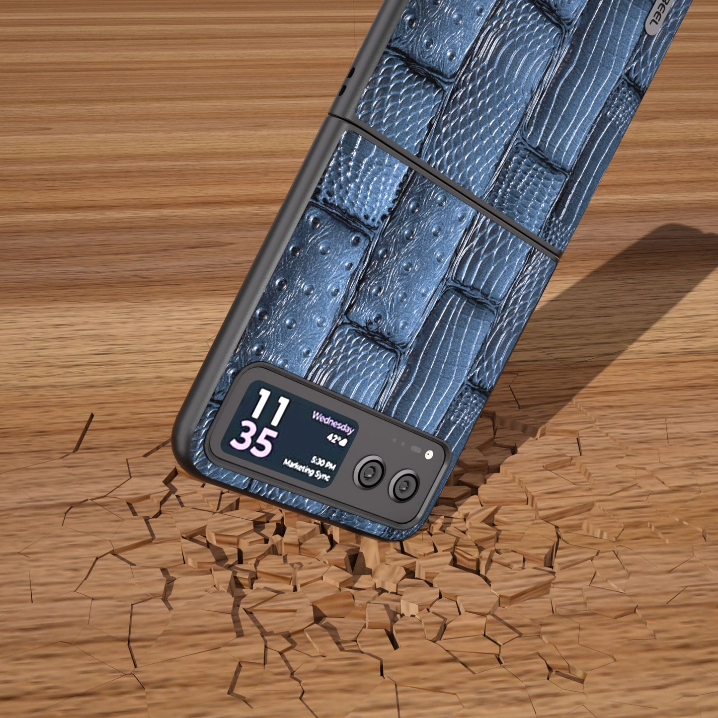 Uniqkart for Motorola Razr 40 5G Mahjong Texture Cover Genuine Cow Leather+PC Anti-Shock Phone Case - Blue