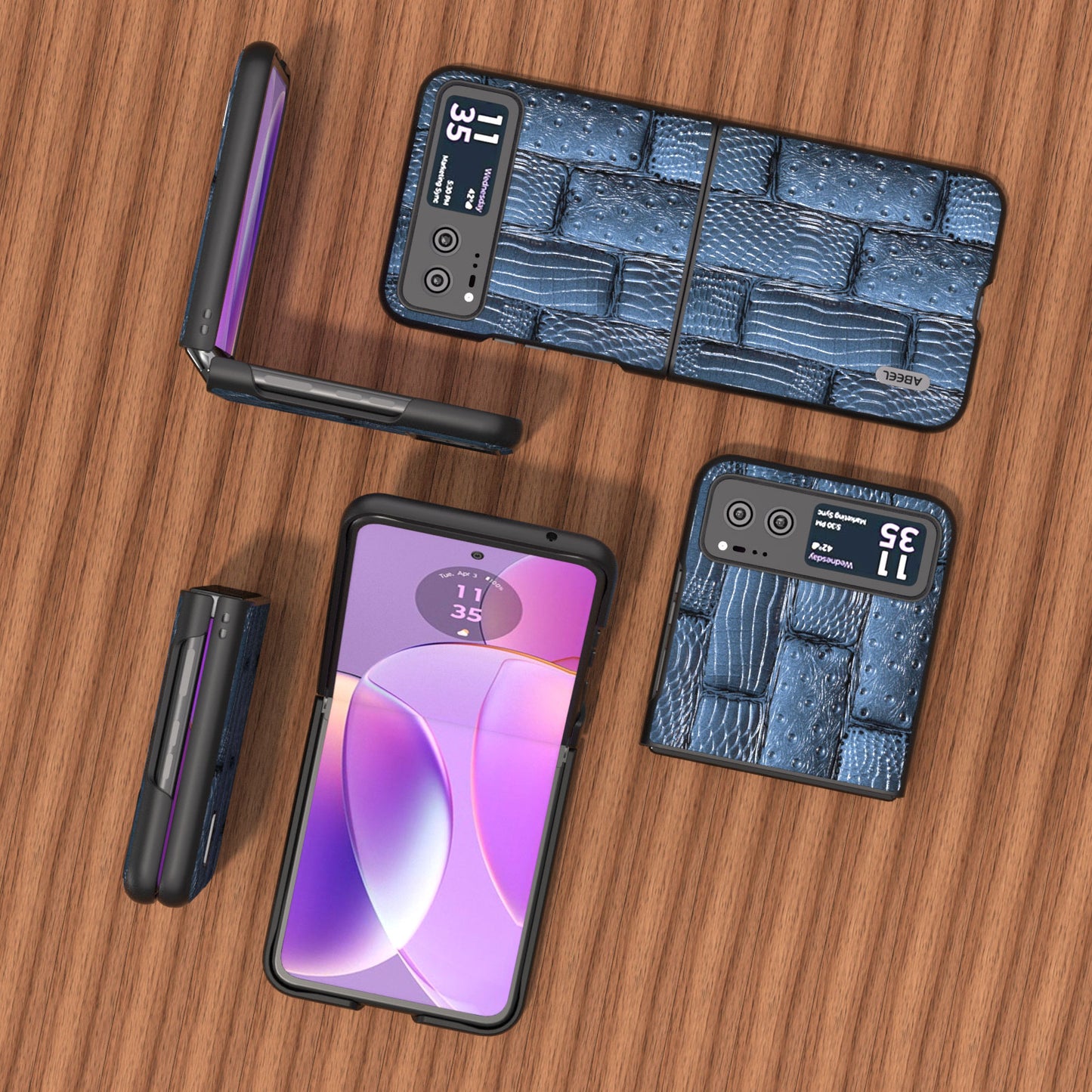 Uniqkart for Motorola Razr 40 5G Mahjong Texture Cover Genuine Cow Leather+PC Anti-Shock Phone Case - Blue