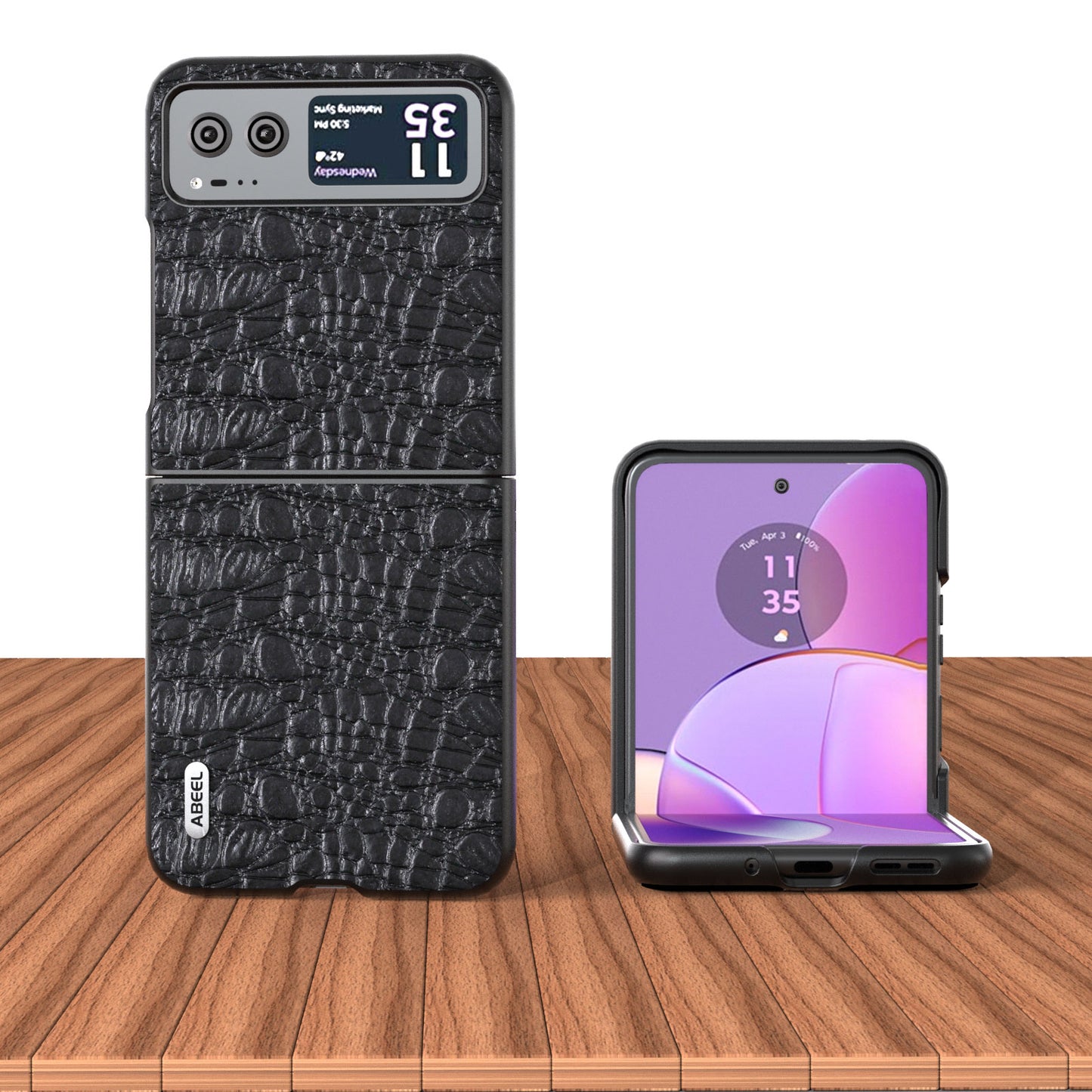 Uniqkart For Motorola Razr 40 5G Canopy Texture Phone Case Genuine Cow Leather+PC Protective Cover - Black