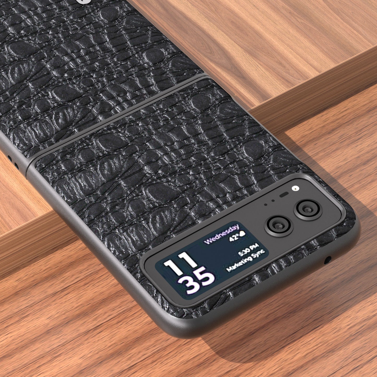 Uniqkart For Motorola Razr 40 5G Canopy Texture Phone Case Genuine Cow Leather+PC Protective Cover - Black