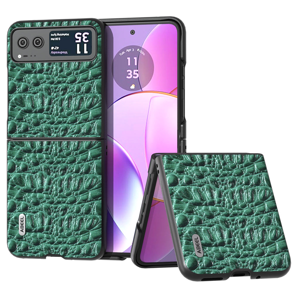 Uniqkart For Motorola Razr 40 5G Canopy Texture Phone Case Genuine Cow Leather+PC Protective Cover - Green
