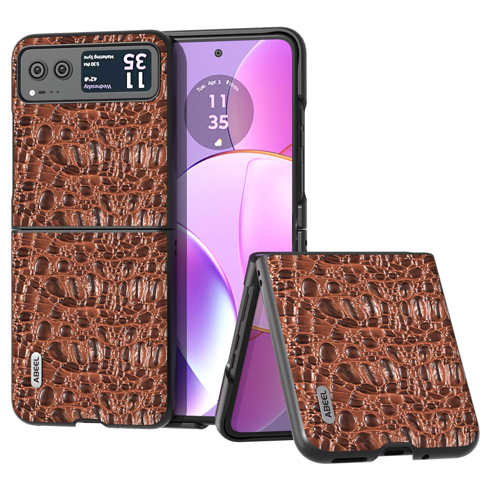 Uniqkart For Motorola Razr 40 5G Canopy Texture Phone Case Genuine Cow Leather+PC Protective Cover - Brown