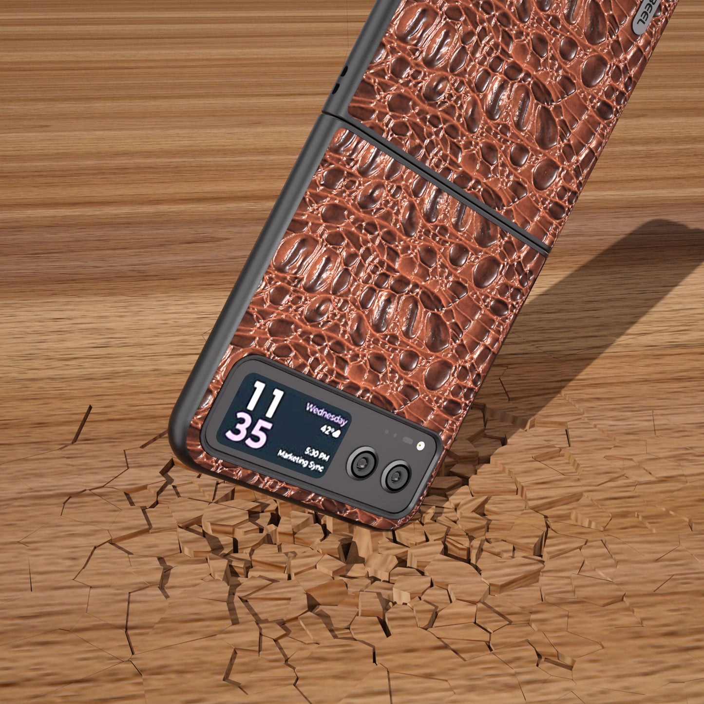 Uniqkart For Motorola Razr 40 5G Canopy Texture Phone Case Genuine Cow Leather+PC Protective Cover - Brown