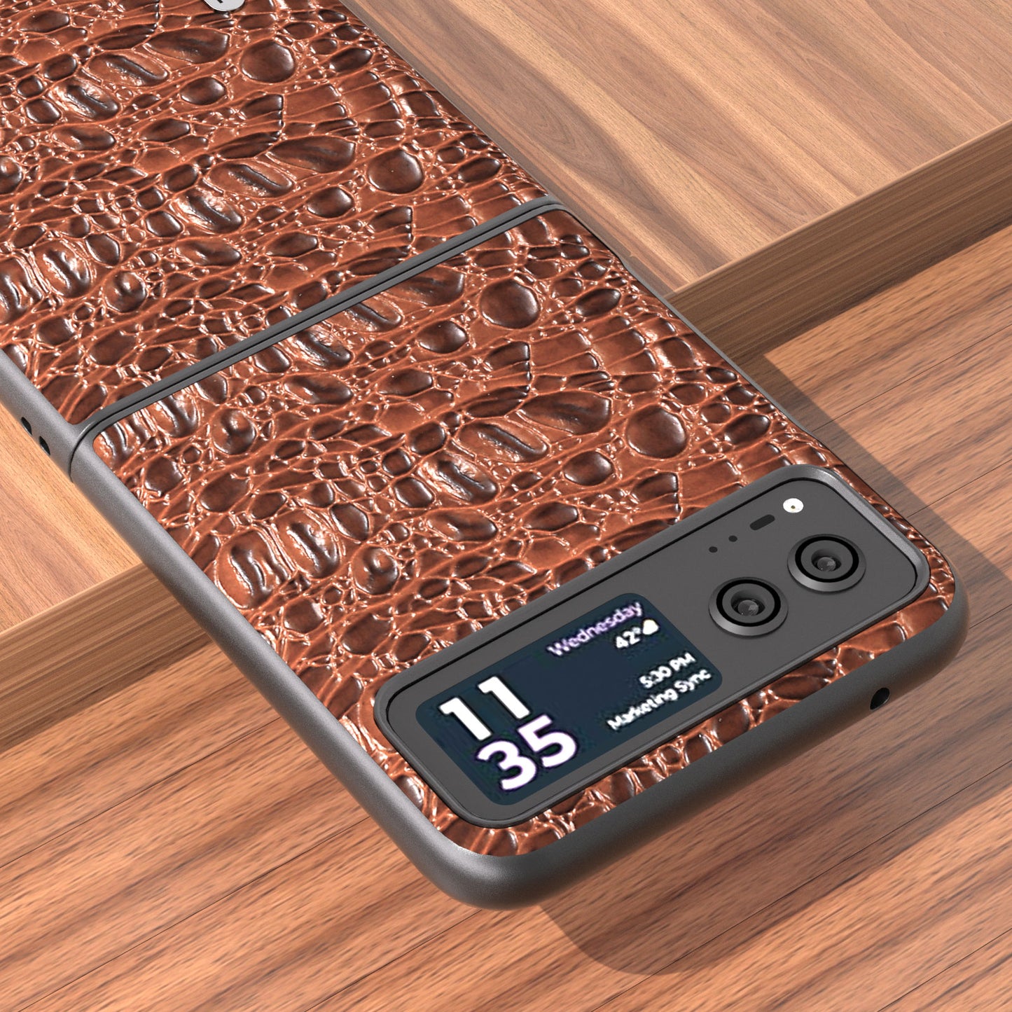 Uniqkart For Motorola Razr 40 5G Canopy Texture Phone Case Genuine Cow Leather+PC Protective Cover - Brown