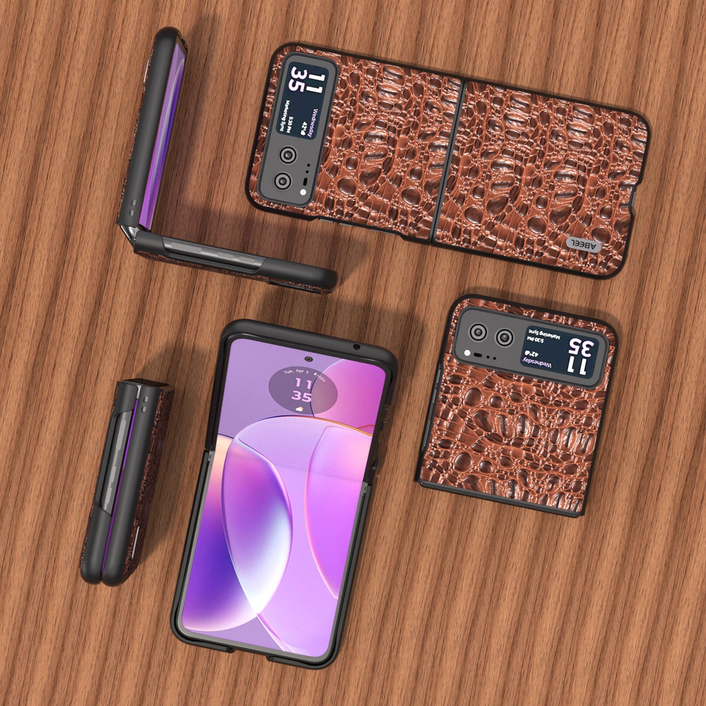 Uniqkart For Motorola Razr 40 5G Canopy Texture Phone Case Genuine Cow Leather+PC Protective Cover - Brown