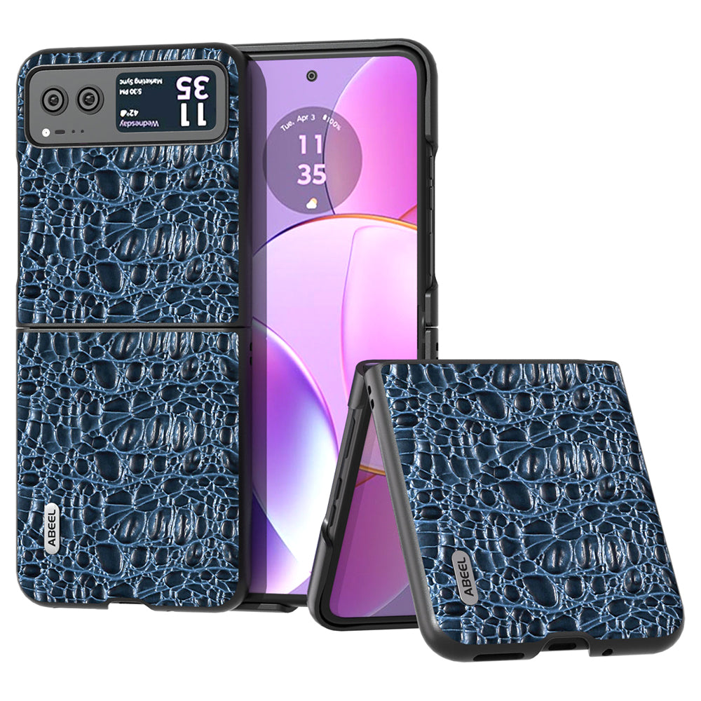Uniqkart For Motorola Razr 40 5G Canopy Texture Phone Case Genuine Cow Leather+PC Protective Cover - Blue