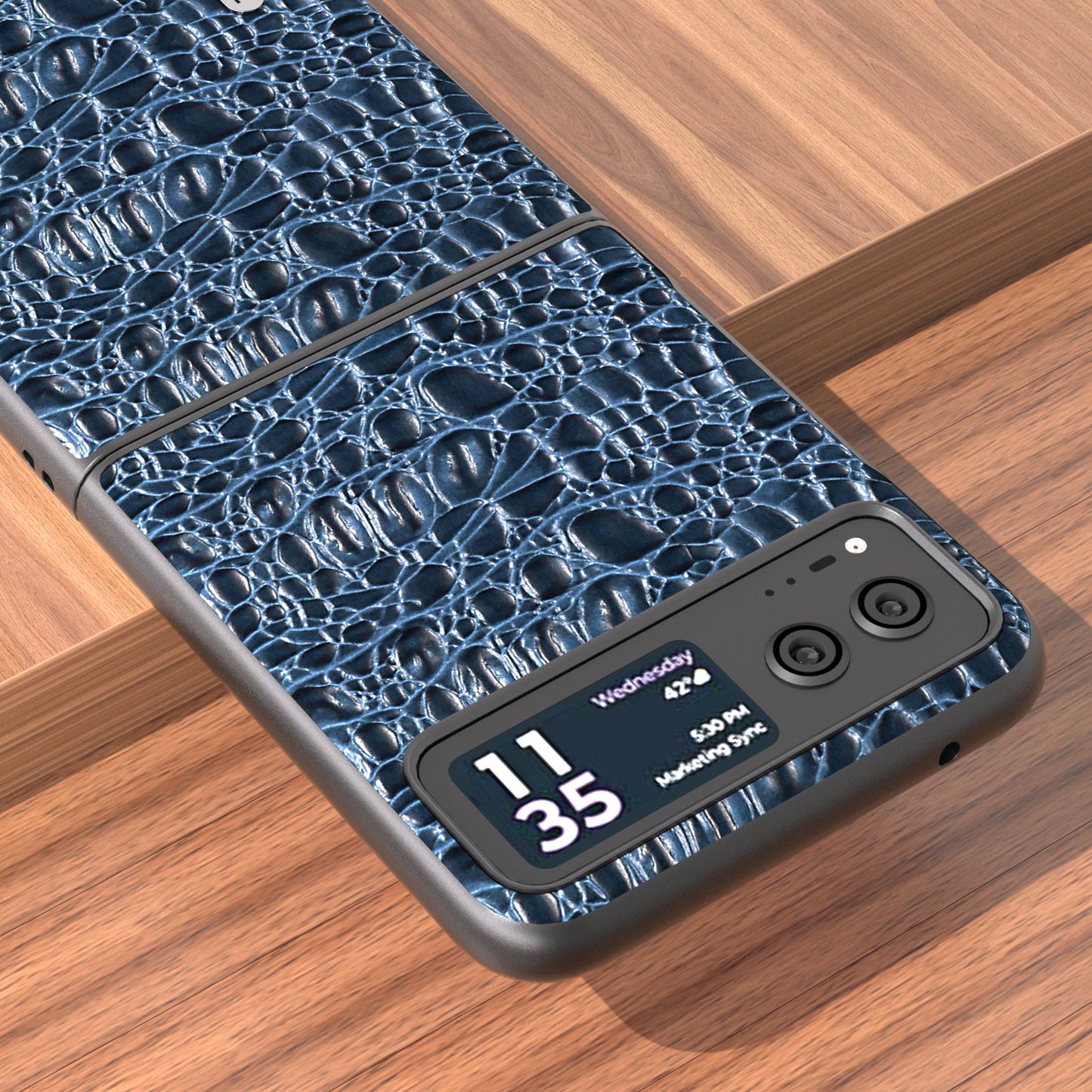 Uniqkart For Motorola Razr 40 5G Canopy Texture Phone Case Genuine Cow Leather+PC Protective Cover - Blue