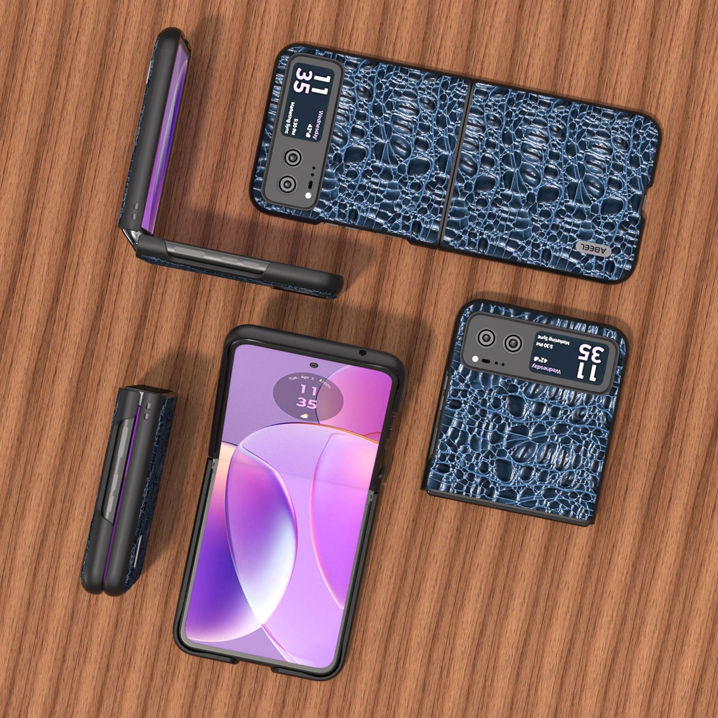 Uniqkart For Motorola Razr 40 5G Canopy Texture Phone Case Genuine Cow Leather+PC Protective Cover - Blue