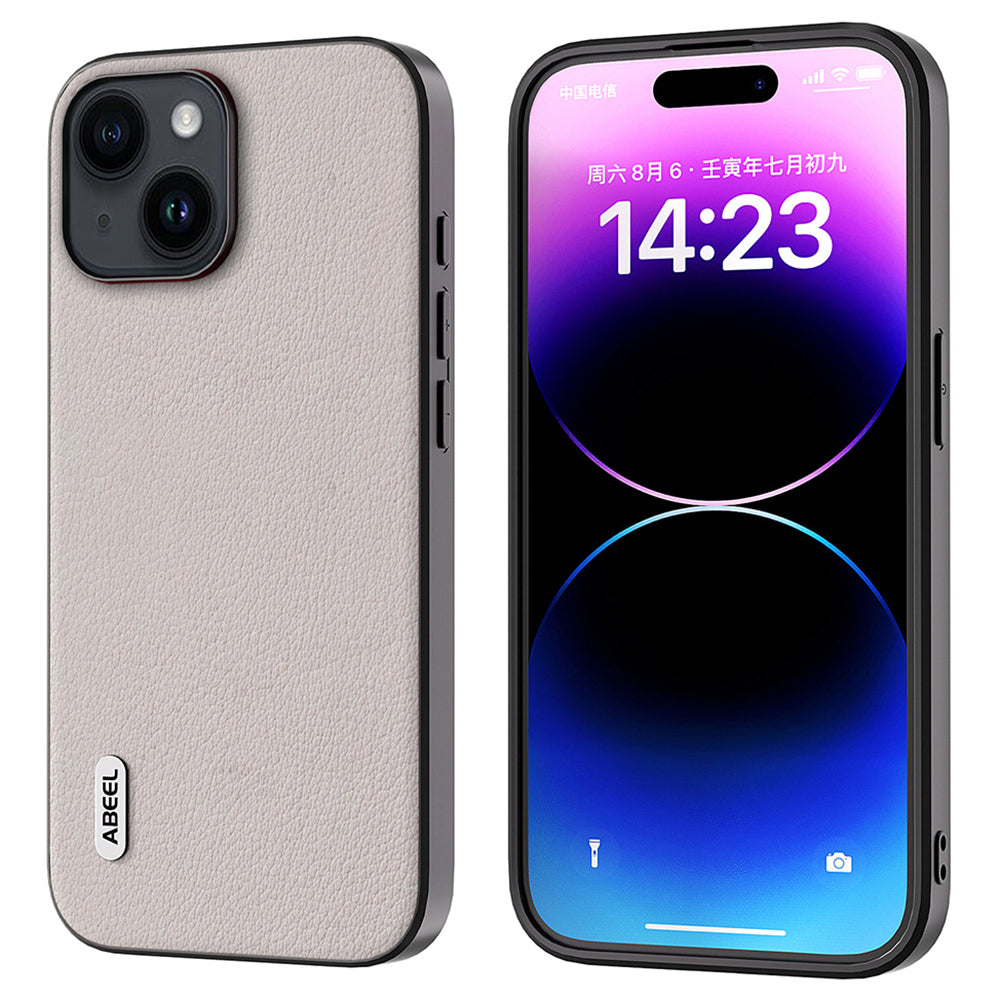 Uniqkart For iPhone 15 Shockproof Phone Cover Genuine Cow Leather Coated PC+TPU Waves Texture Case - Grey