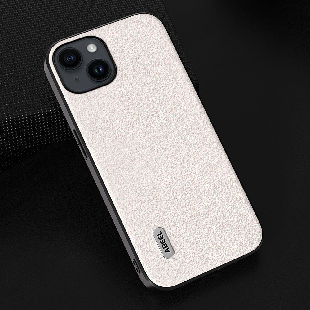 Uniqkart For iPhone 15 Shockproof Phone Cover Genuine Cow Leather Coated PC+TPU Waves Texture Case - Grey