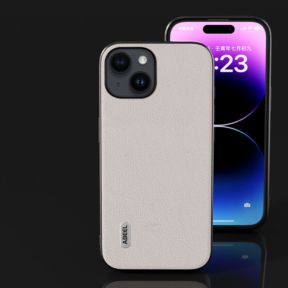 Uniqkart For iPhone 15 Shockproof Phone Cover Genuine Cow Leather Coated PC+TPU Waves Texture Case - Grey