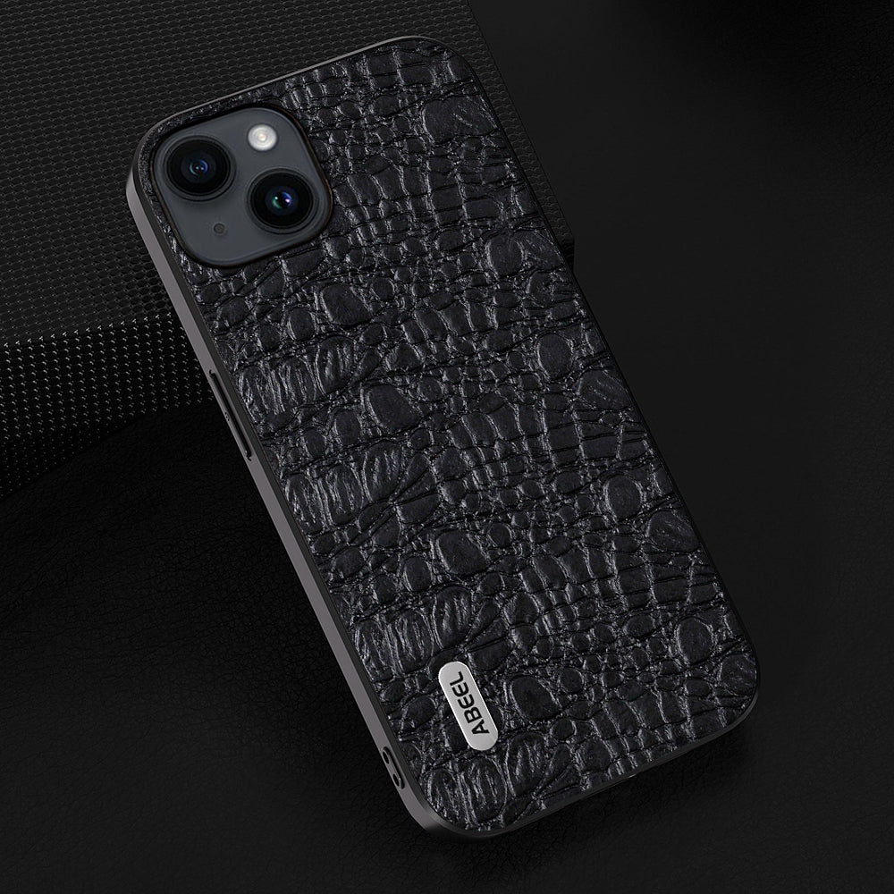 Uniqkart for iPhone 15 Slim-Fit Phone Case Genuine Cow Leather Coated PC+TPU Canopy Texture Cover - Black