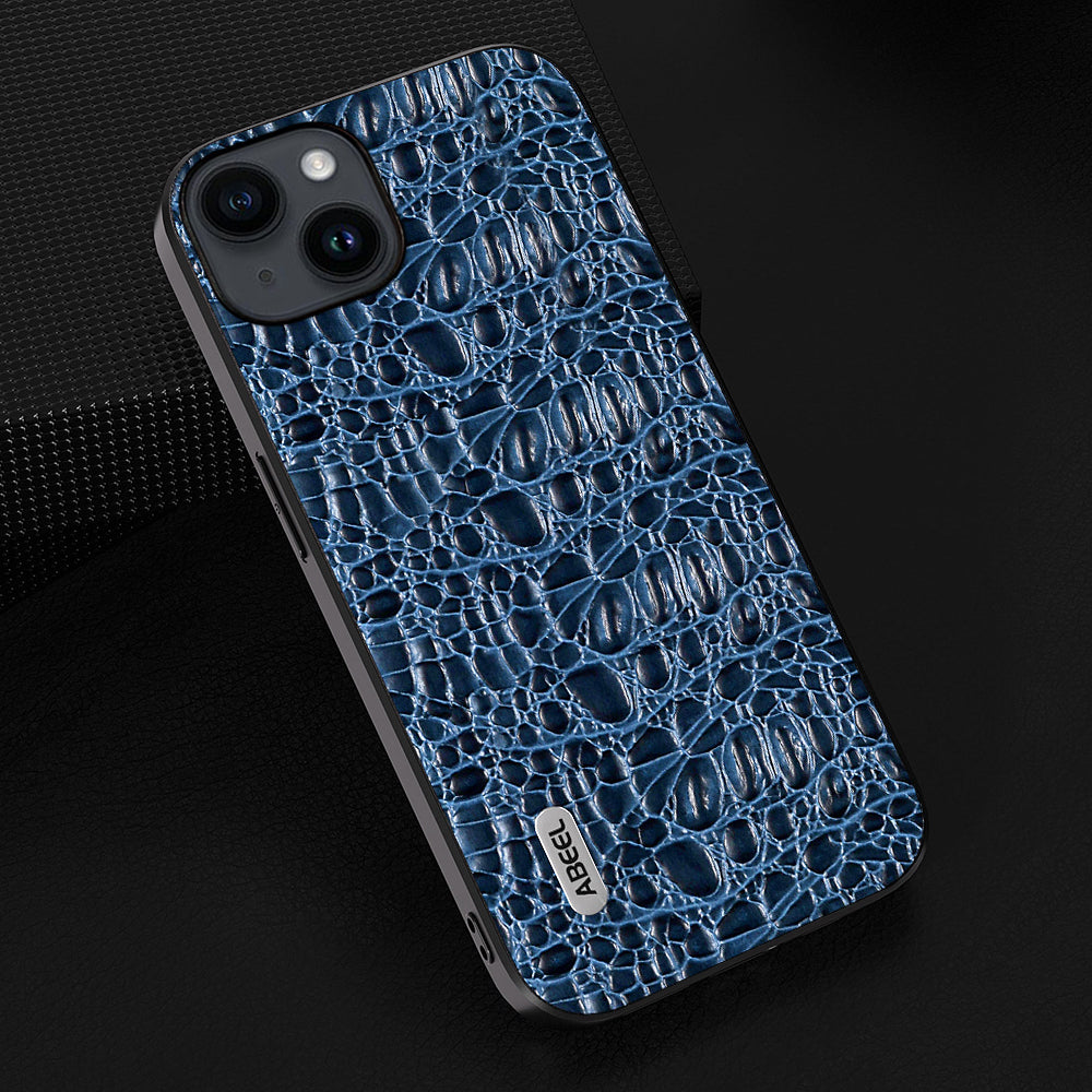 Uniqkart For iPhone 15 Slim-Fit Phone Case Genuine Cow Leather Coated PC+TPU Canopy Texture Cover - Blue