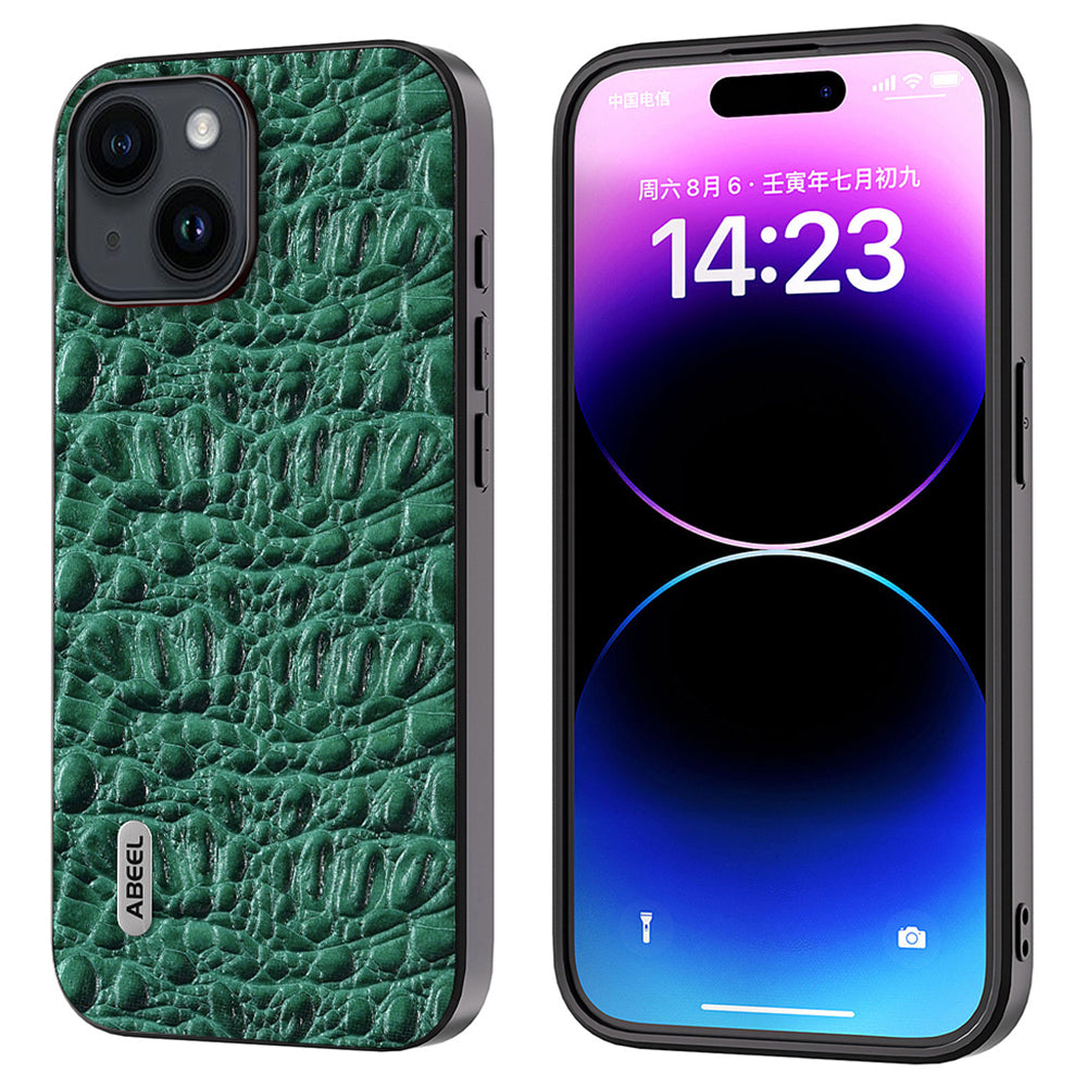 Uniqkart For iPhone 15 Slim-Fit Phone Case Genuine Cow Leather Coated PC+TPU Canopy Texture Cover - Green