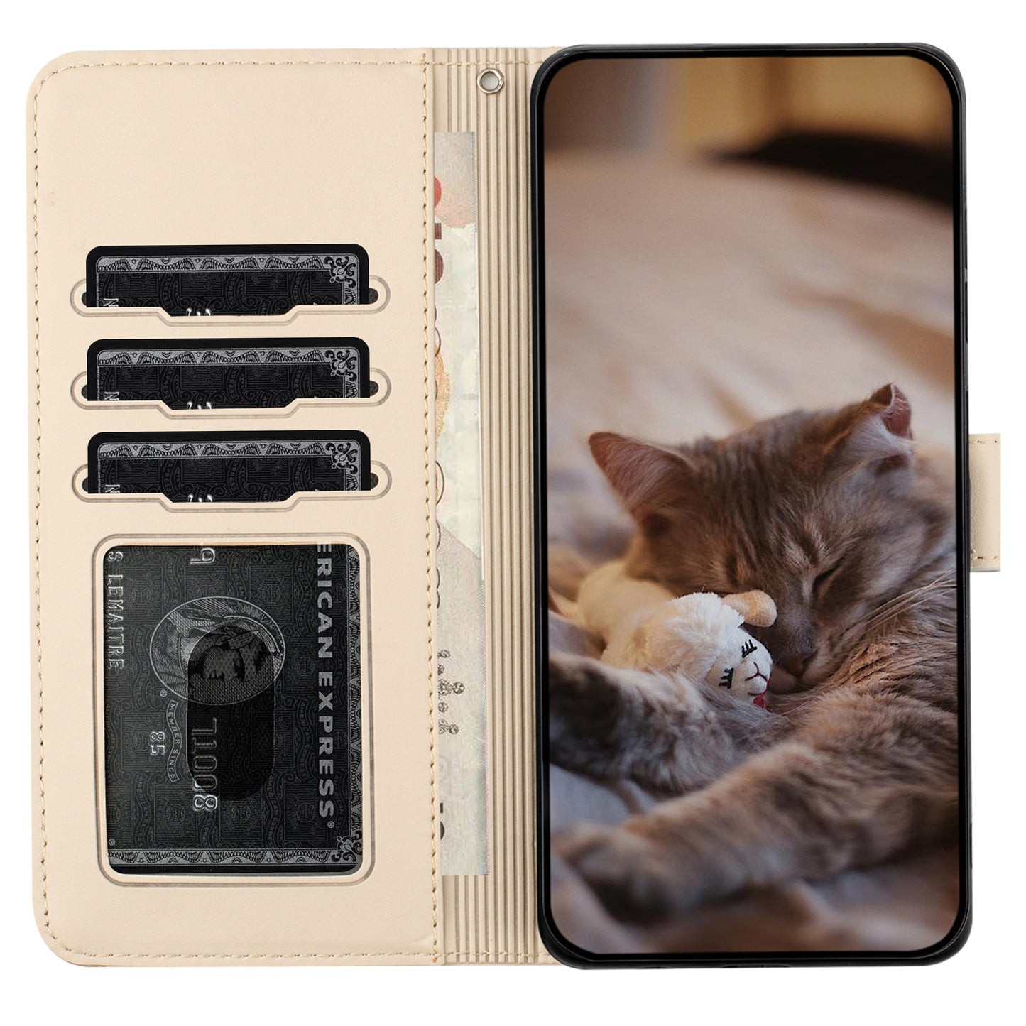 Uniqkart for Samsung Galaxy A53 5G Wallet Phone Cover Imprinted Wall Cats Leather Stand Phone Case with Strap - Apricot
