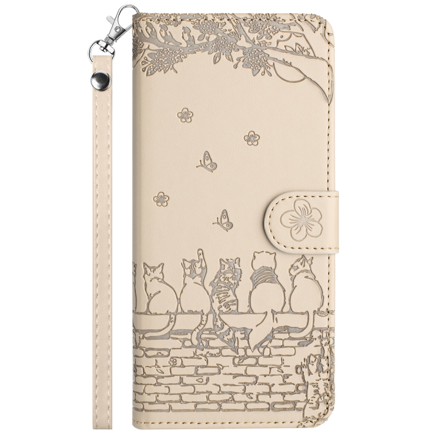 Uniqkart for Samsung Galaxy A53 5G Wallet Phone Cover Imprinted Wall Cats Leather Stand Phone Case with Strap - Apricot