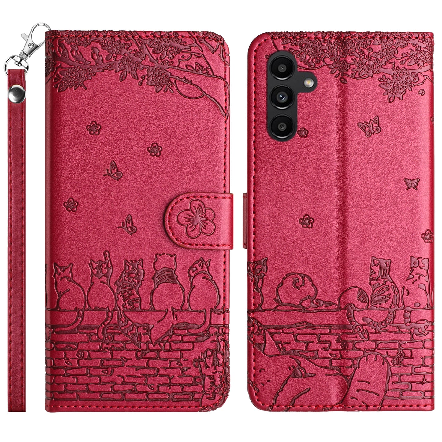 Uniqkart for Samsung Galaxy A14 4G / 5G Phone Cover Leather Stand Imprinted Wall Cats Phone Case Wallet with Strap - Red
