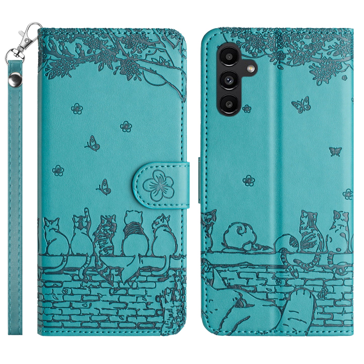 Uniqkart for Samsung Galaxy A14 4G / 5G Phone Cover Leather Stand Imprinted Wall Cats Phone Case Wallet with Strap - Blue