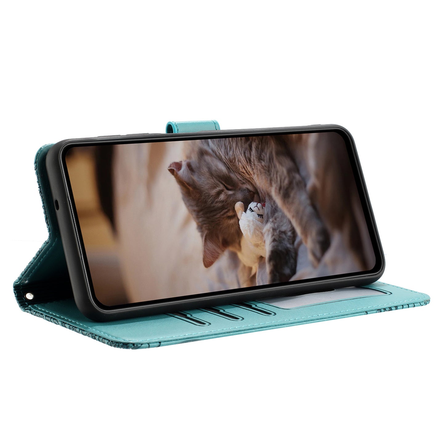 Uniqkart for Samsung Galaxy A14 4G / 5G Phone Cover Leather Stand Imprinted Wall Cats Phone Case Wallet with Strap - Blue