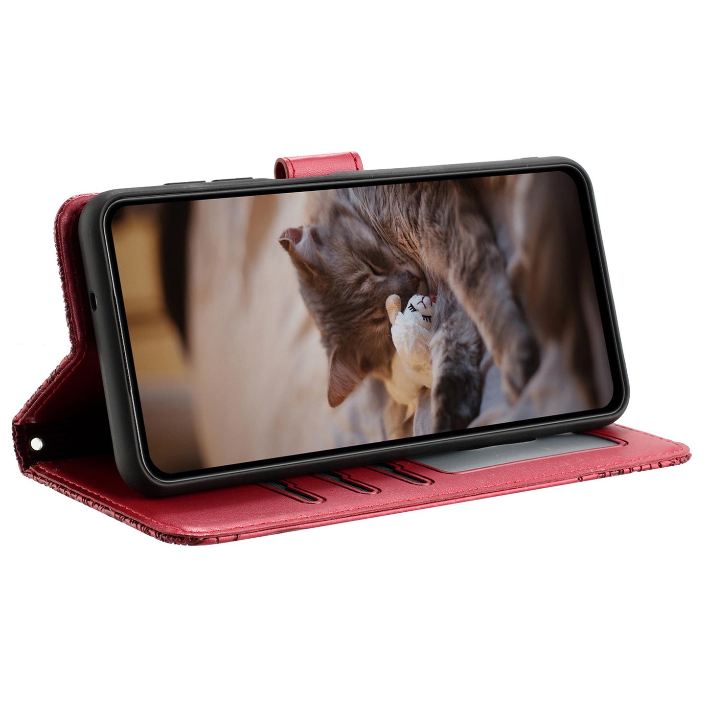 Uniqkart for Xiaomi Redmi 12C 4G / 11A 4G Multifunction Wallet Phone Cover Imprinted Wall Cats PU Leather Stand Phone Case with Strap - Red