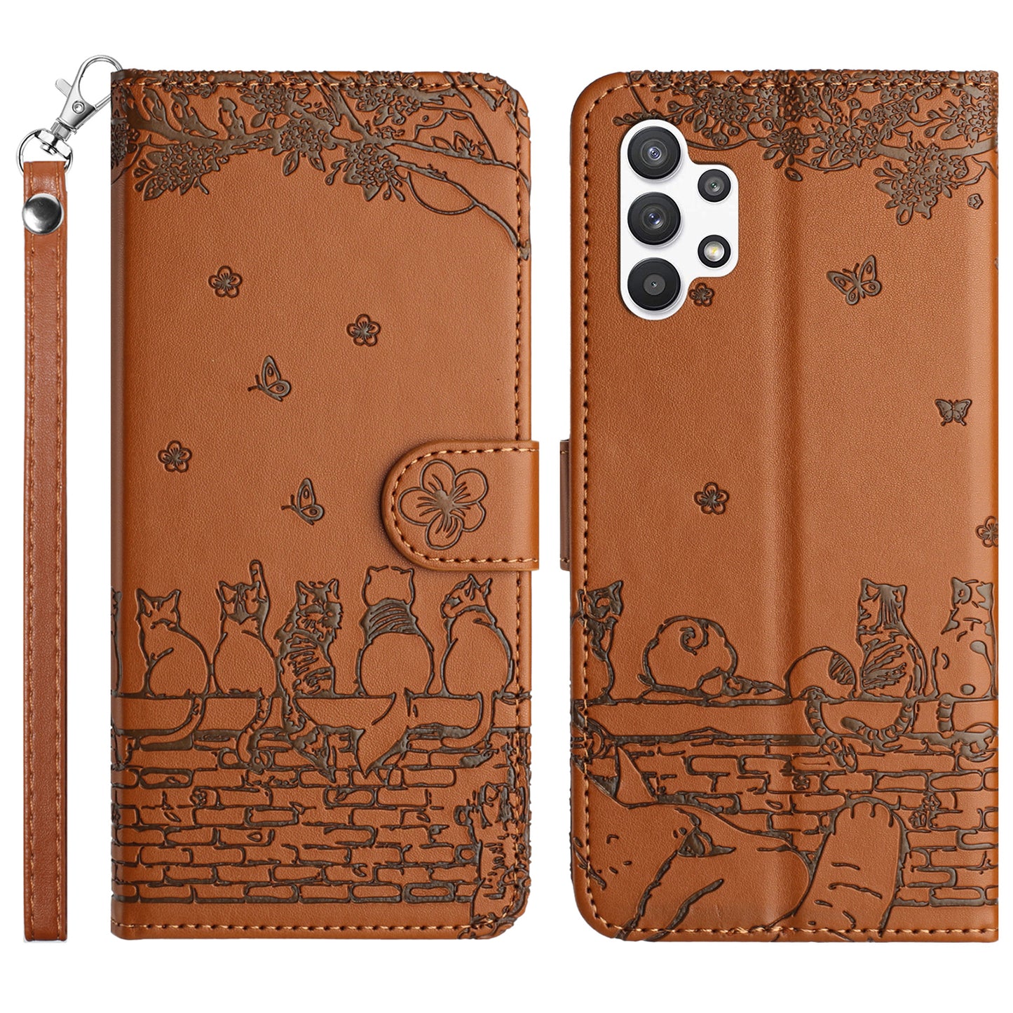 Uniqkart for Samsung Galaxy A13 4G / A04s 4G / A04 4G / M13 5G Shockproof Phone Cover Imprinted Stand Wallet Leather Phone Case with Strap - Brown