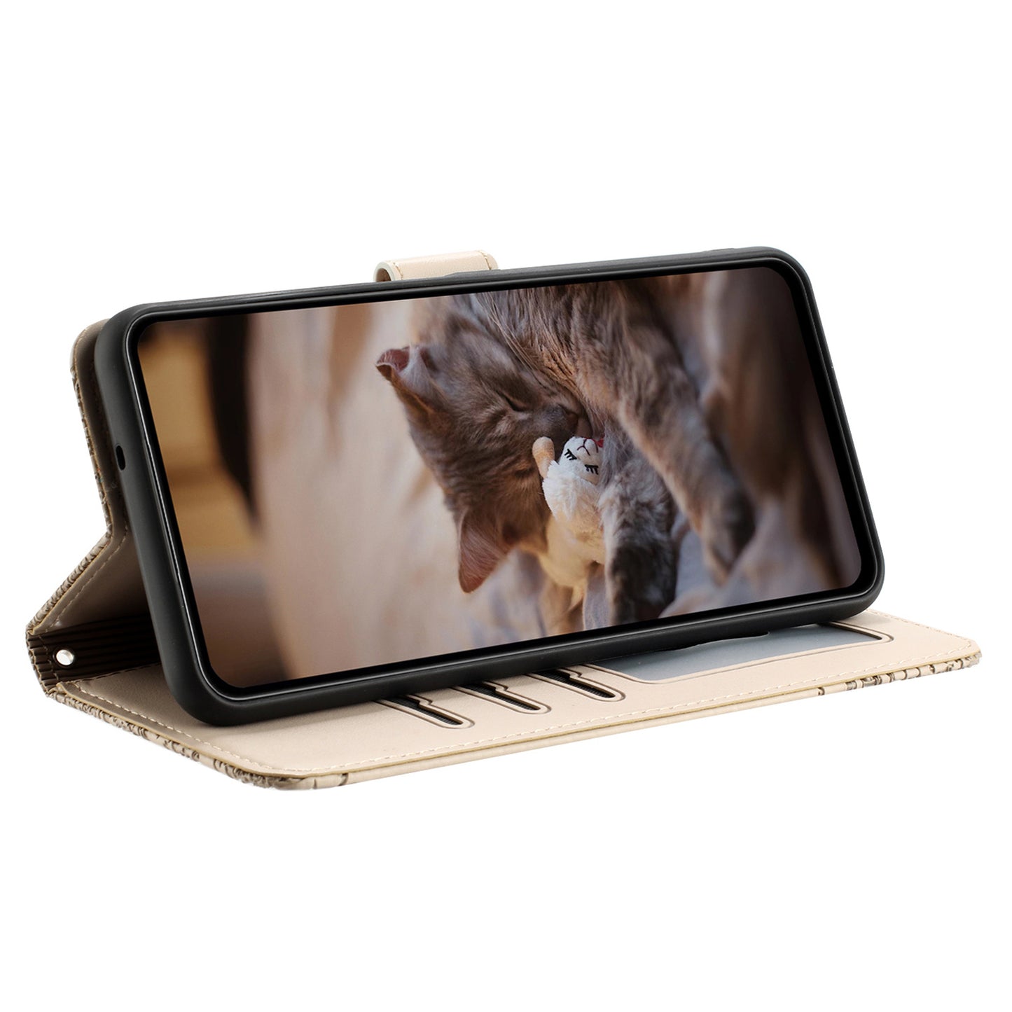 Uniqkart for Samsung Galaxy A13 4G / A04s 4G / A04 4G / M13 5G Shockproof Phone Cover Imprinted Stand Wallet Leather Phone Case with Strap - Apricot