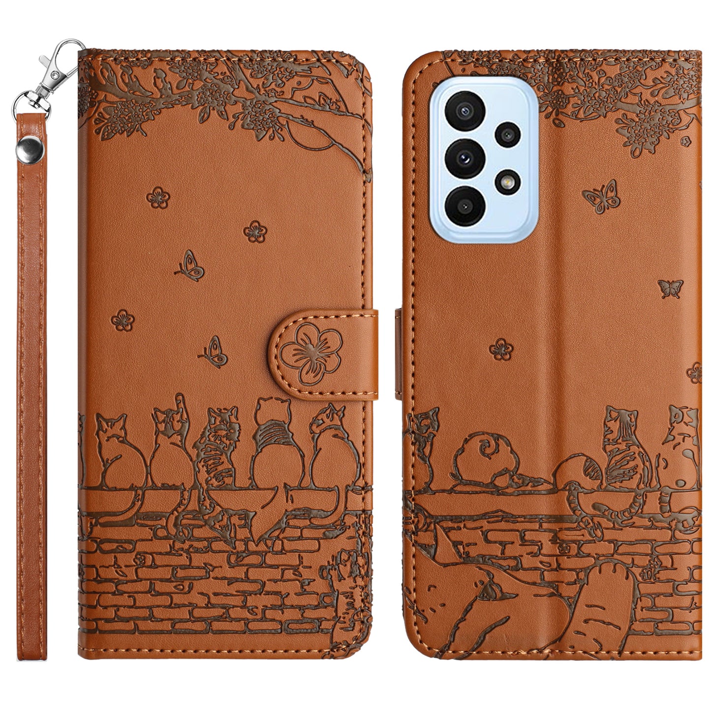 Uniqkart for Samsung Galaxy A23 4G / A23 5G (Global Version) / M23 5G / F23 5G Wallet Phone Cover Imprinted PU Leather Stand Phone Case with Strap - Brown