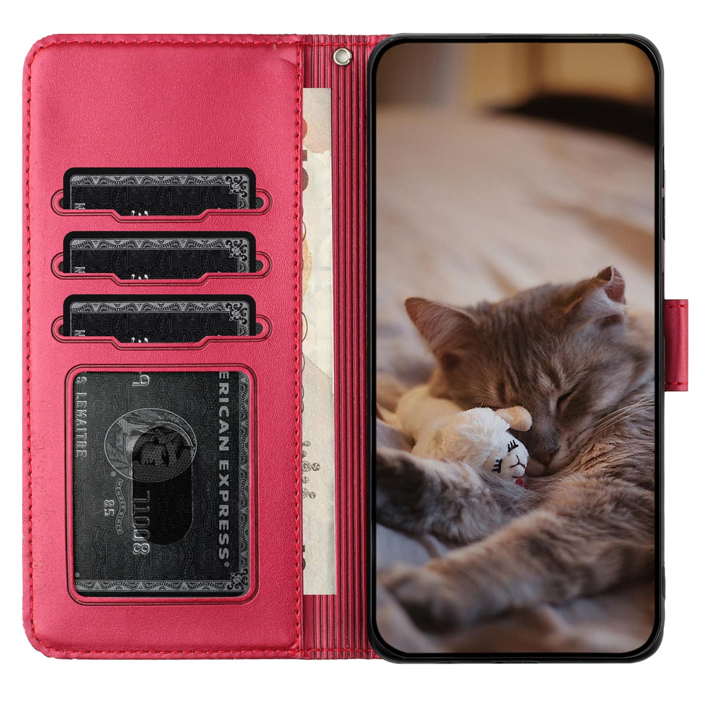 Uniqkart for Samsung Galaxy A33 5G Leather Stand Wallet Phone Cover Imprinted Wall Cats Phone Case with Strap - Red