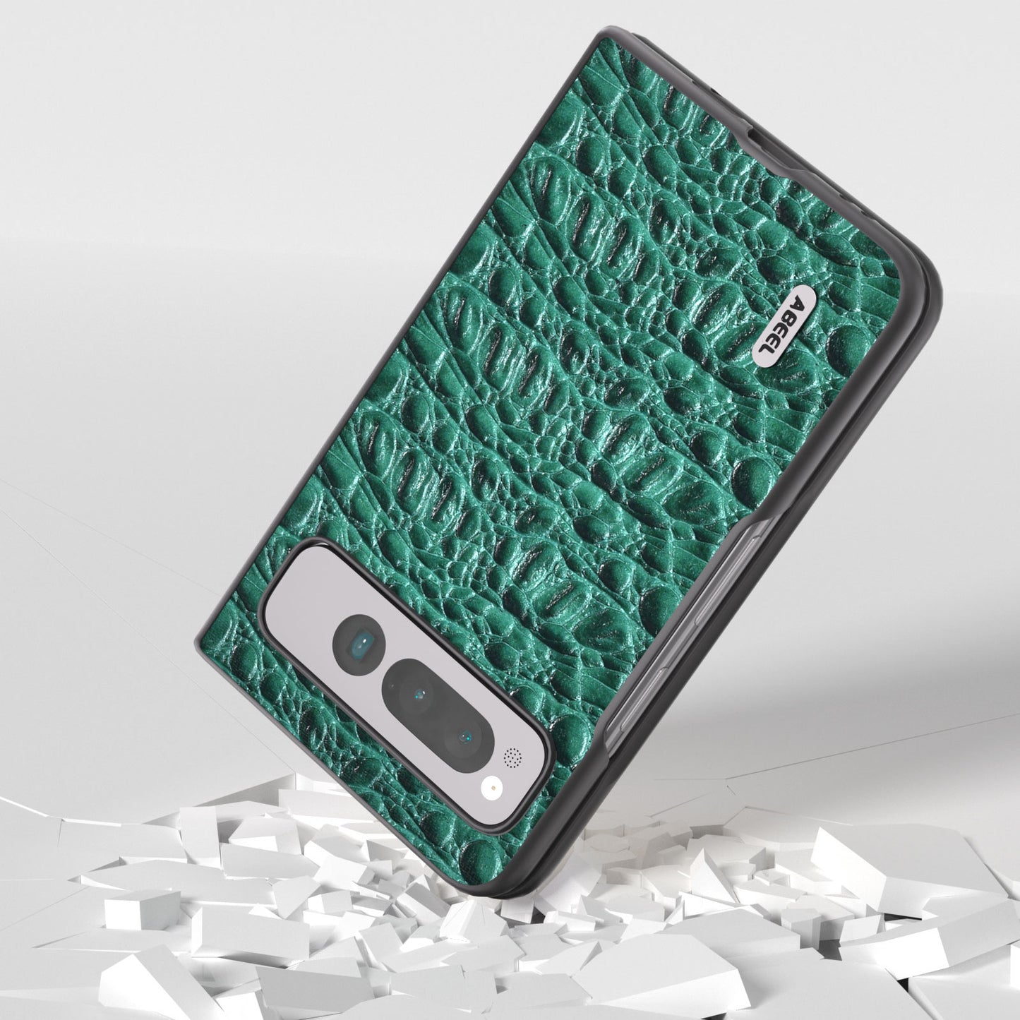 Uniqkart For Google Pixel Fold Impact Absorbing Case Canopy Texture Genuine Cow Leather + PC Phone Cover - Green