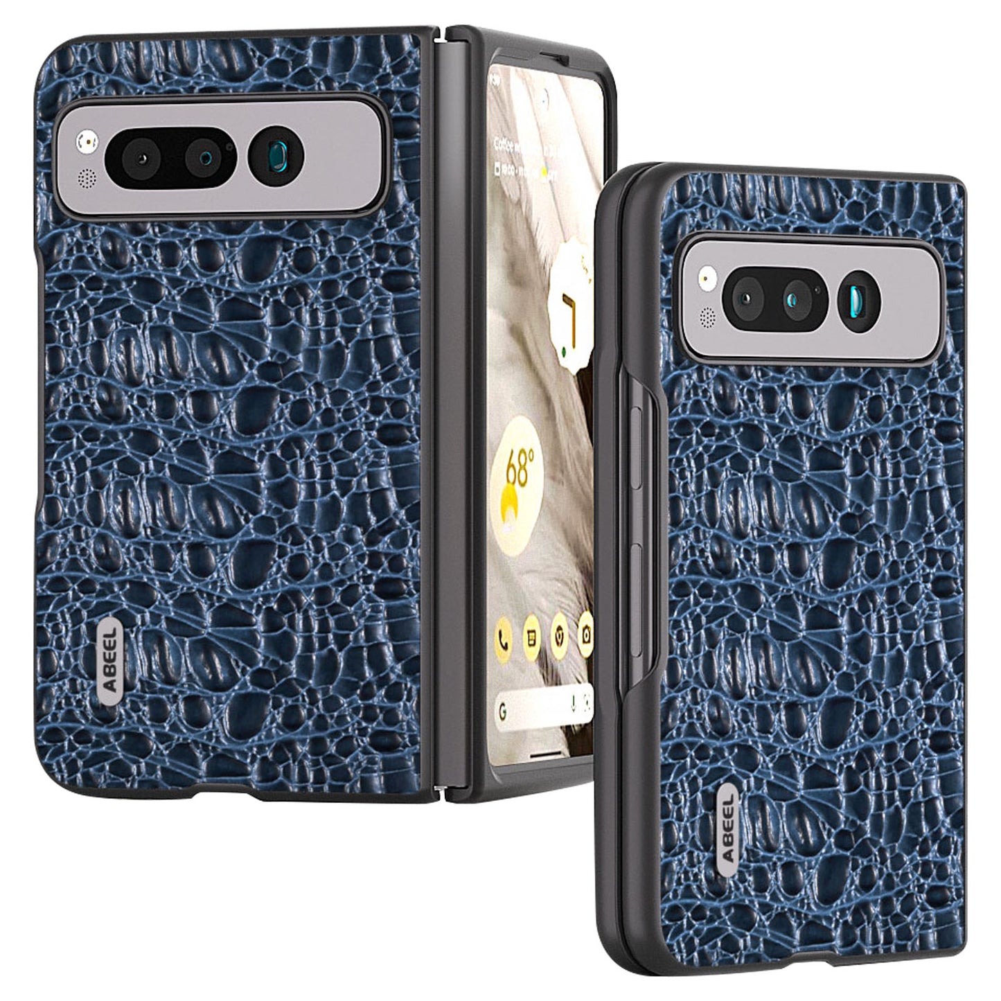 Uniqkart For Google Pixel Fold Impact Absorbing Case Canopy Texture Genuine Cow Leather + PC Phone Cover - Blue